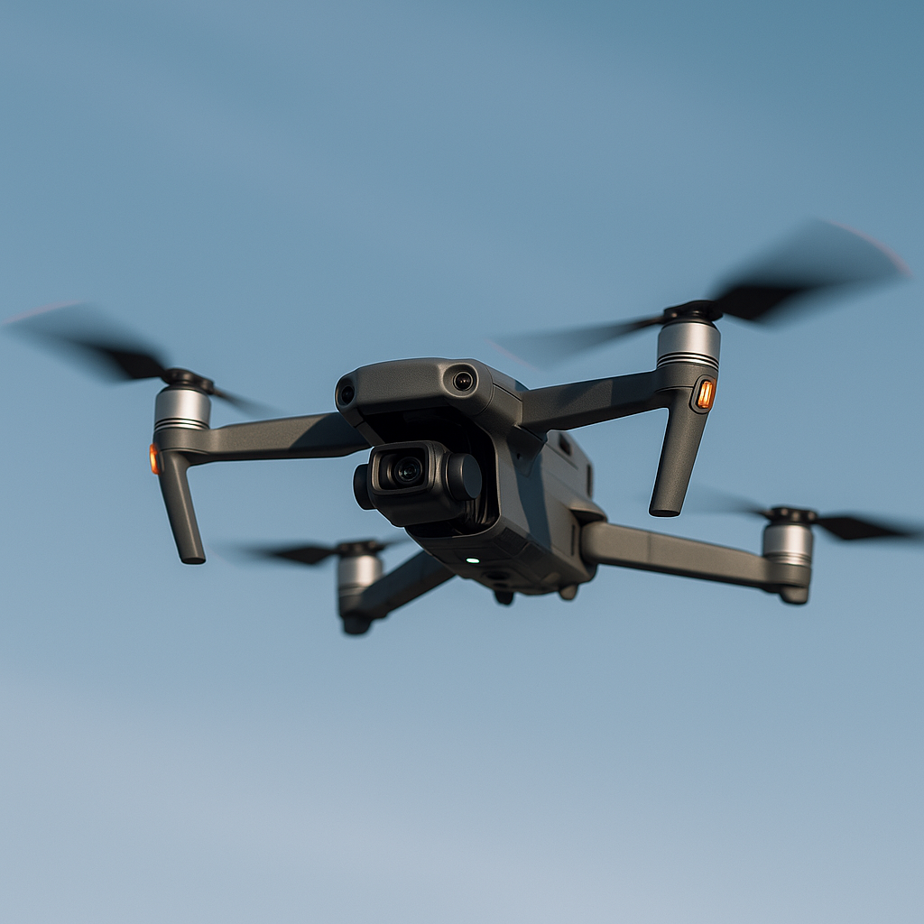 Quadcopter drone in vlucht met camera en HDI PCB